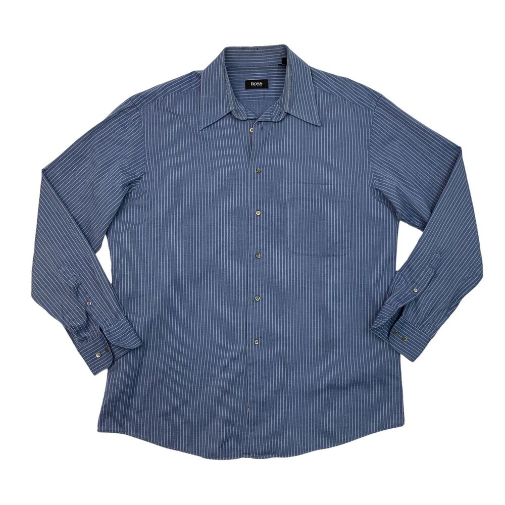 Vintage Hugo Boss Dress Shirt Mens 16 1/2 Blue Striped Cotton Button Up 90s